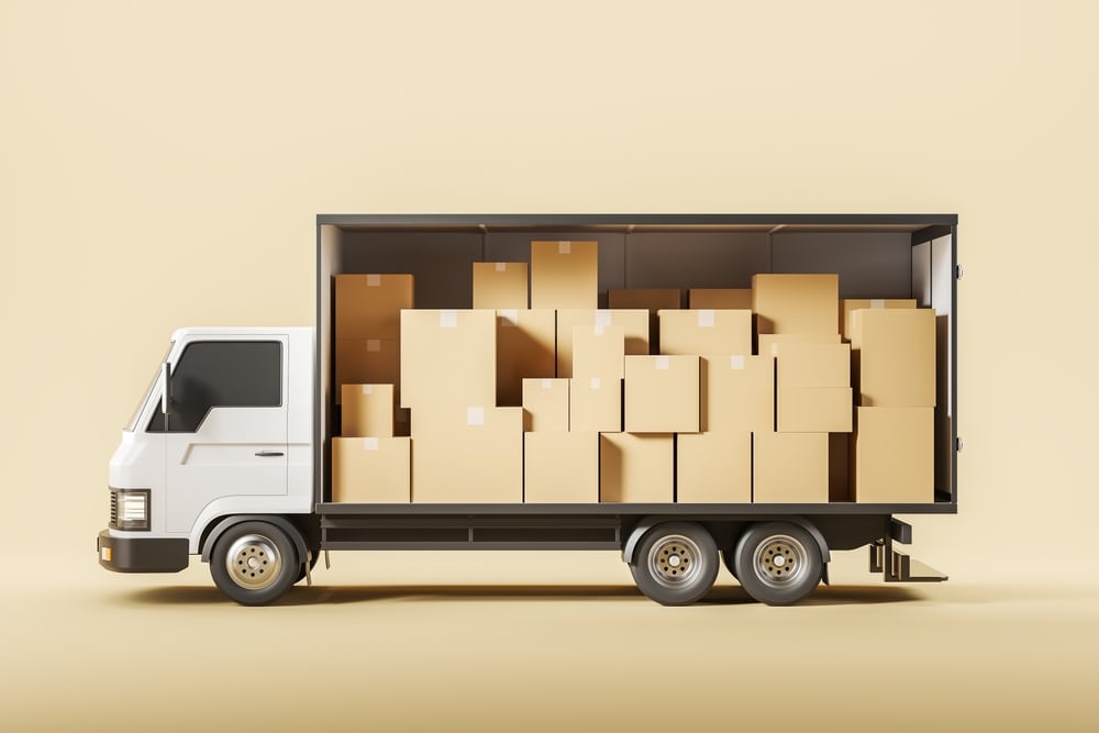 moving truck with cardboard boxes with side view open