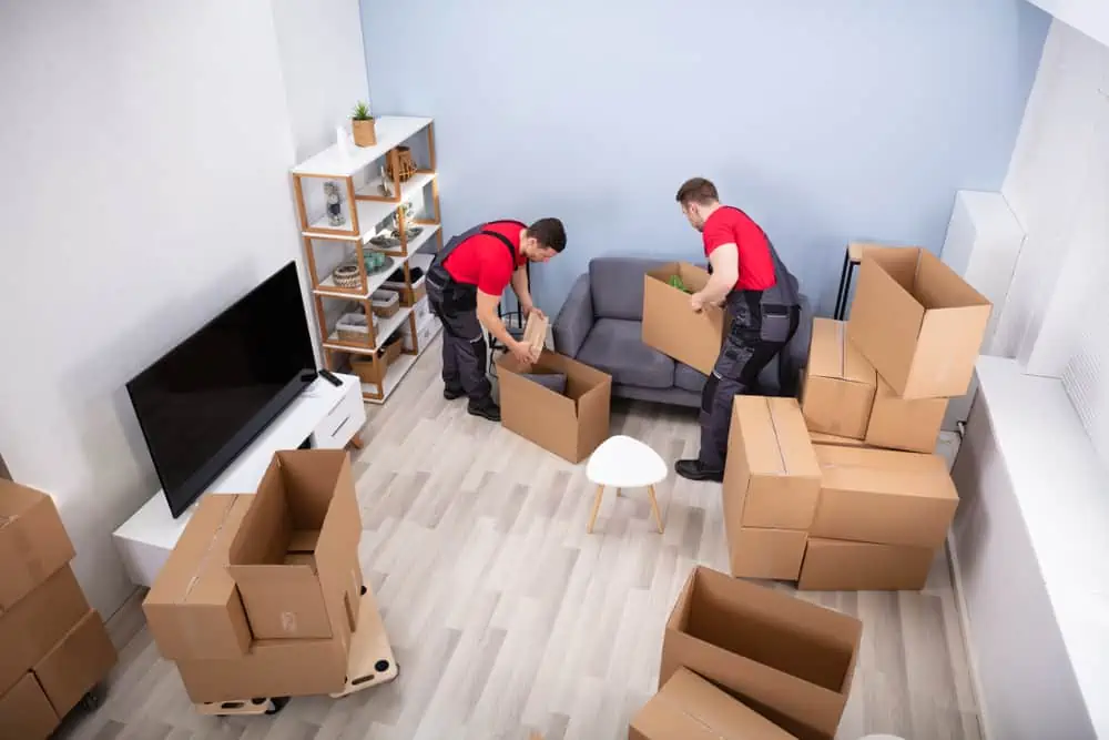 Two movers in red shirts and overalls, likely from one of the reputable Long Island moving companies, are packing items into cardboard boxes in a living room. The room has light wood flooring, a gray couch, a white TV stand with a TV, and shelving with decorations. Unpacked boxes and a white table are scattered around.