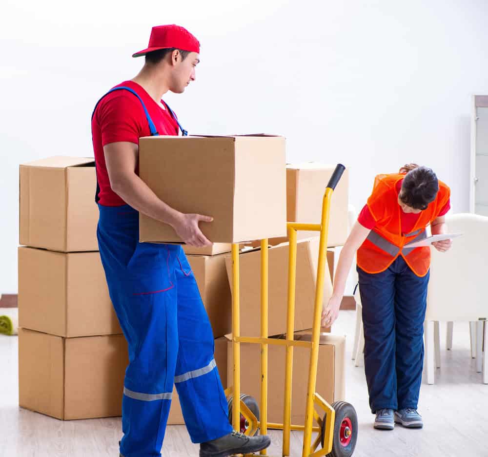 Professional movers doing home relocation in Long Island, NY. One has a orange vest and one has blue overalls and a red hat